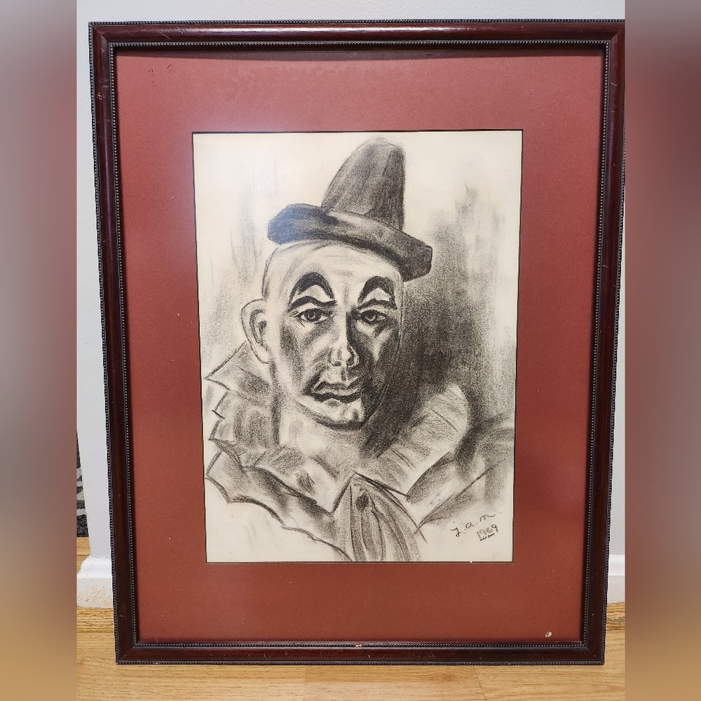 Mid Century Original signed clown charcoal portrait, framed 25 x 20